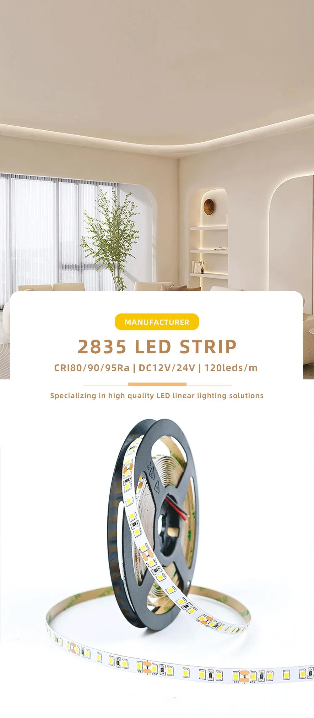 Fabricante de Fita LED Flexível SMD de Alta Brilho 2835 com Certificações CE, RoHS, FCC, UL para Casa Inteligente, Comercial, Projetos DIY 120LEDs 12V24V