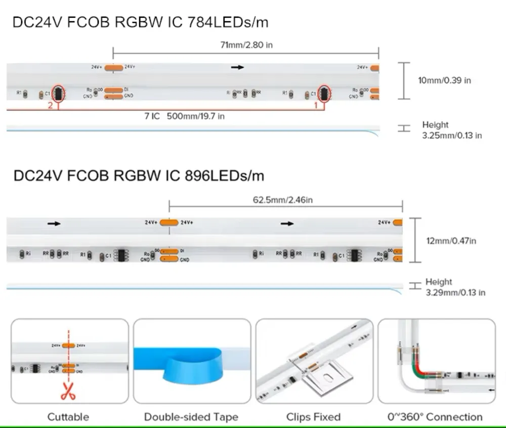 Fita de LED COB Spi RGBW IC Ws2814 784 LEDs DC24V Rgbic Flexível COB Digital LED Pixel Strip