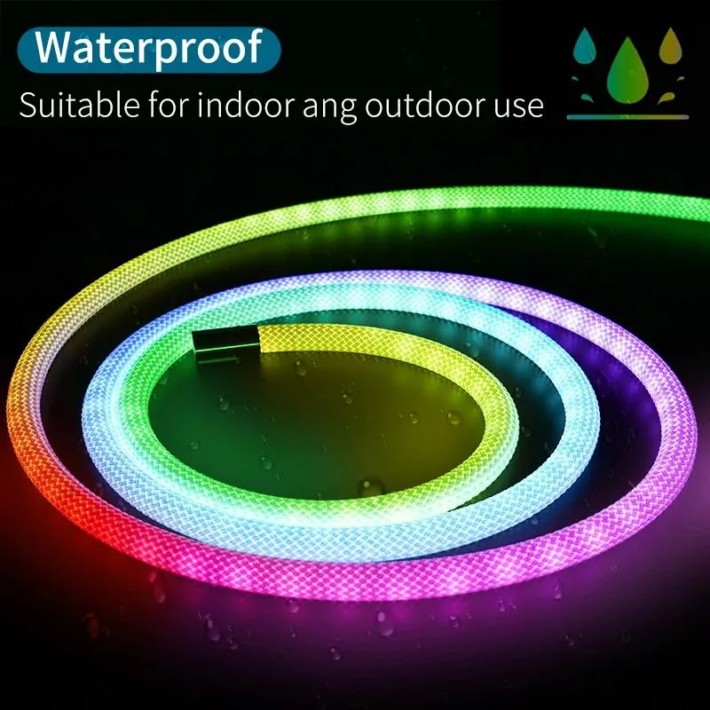 Fita de LED Neon 360360 Padrão Reticulado Redondo de 0 Graus Fita de LED Neon 50LEDs/M Fita de Luz de Corda Flexível de Cor dos Sonhos RGB+IC em Silicone DC5V