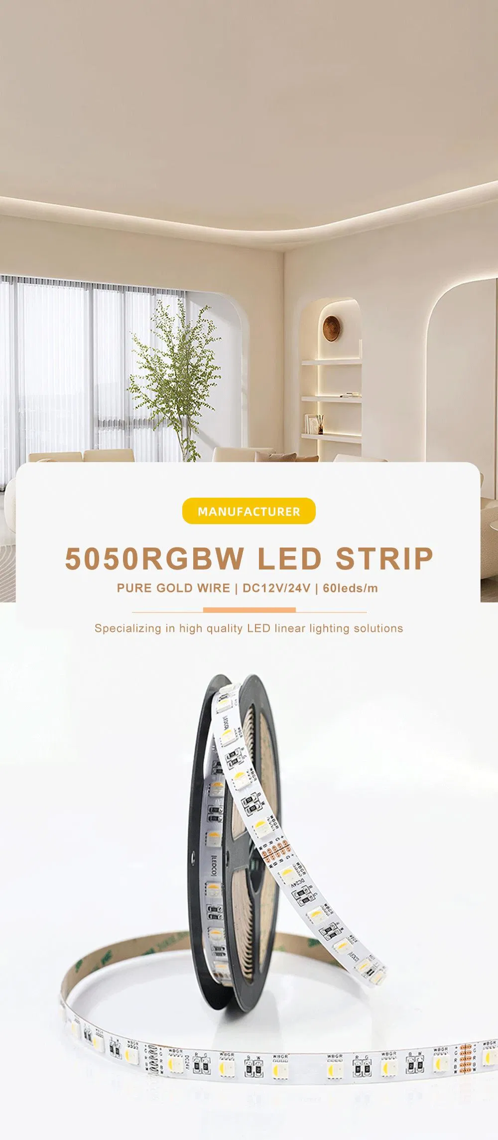 OEM ODM Personalizável DC12/24V 60LEDs 19W/M 5050 LED Strip RGBW para Projetos Criativos