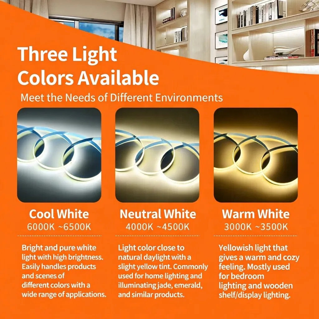 400 Fita de LED COB de Alta Densidade Sem Pontos Flexível 12V 24V Iluminação Ultra Brilhante para Exibição em Gabinetes