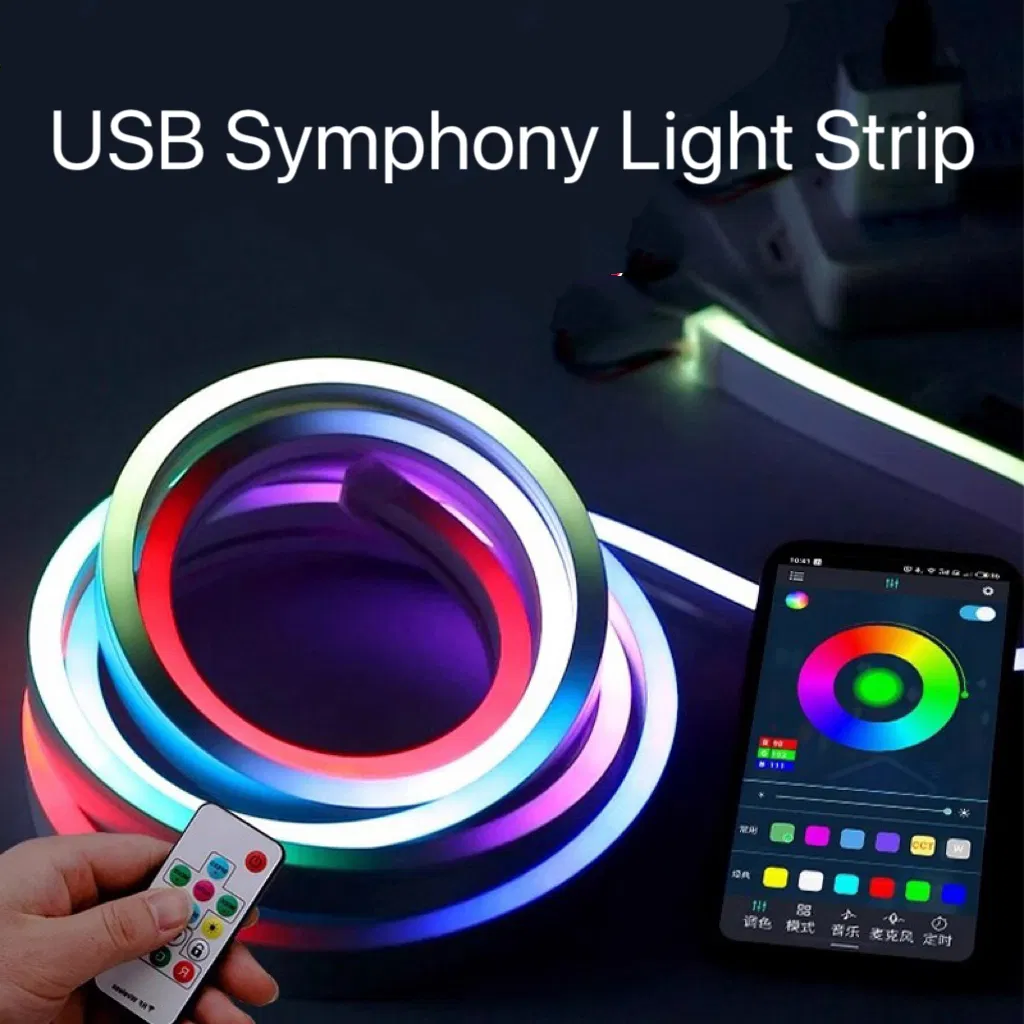 Fita LED Neon RGB 5V 5m IP65 Impermeável DIY Fita Neon USB com Controle Remoto Rolo Flexível para Iluminação de Decoração de Casa