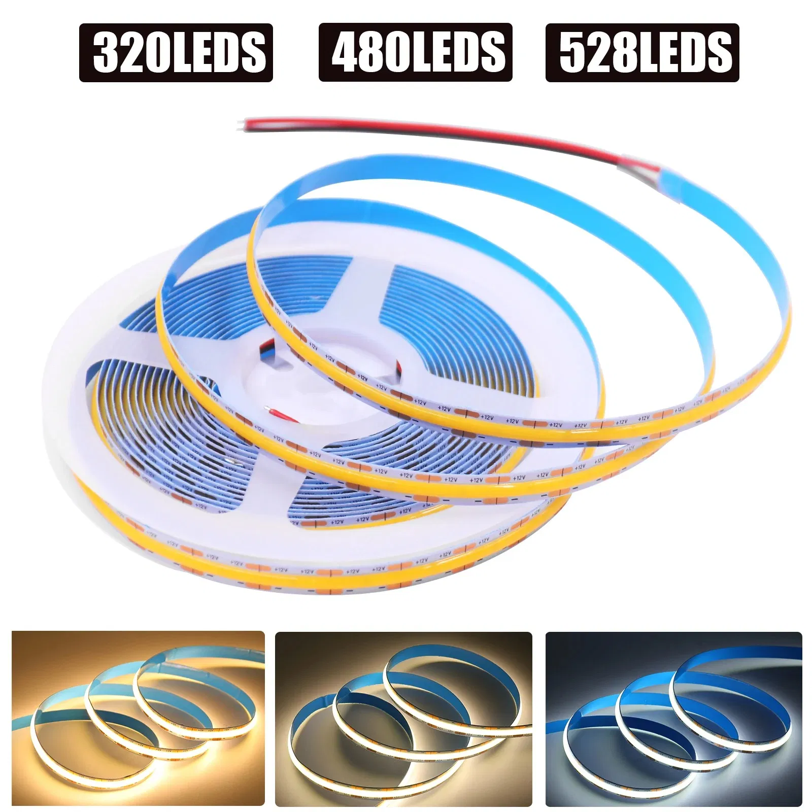 DC 12V 24V COB Strip 480 384 320 528ledsm Alta Densidade Ra90 Branco 3000K 4000K 6000K IP21 Fita Flexível de LED em Corda