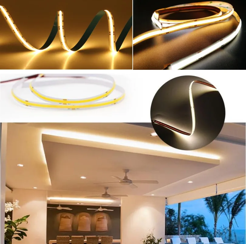 Iluminação Linear COB LED Flexível de Alta Densidade Dimerizável DC12V 24V Faixa de LED COB de Baixa Queda de Tensão