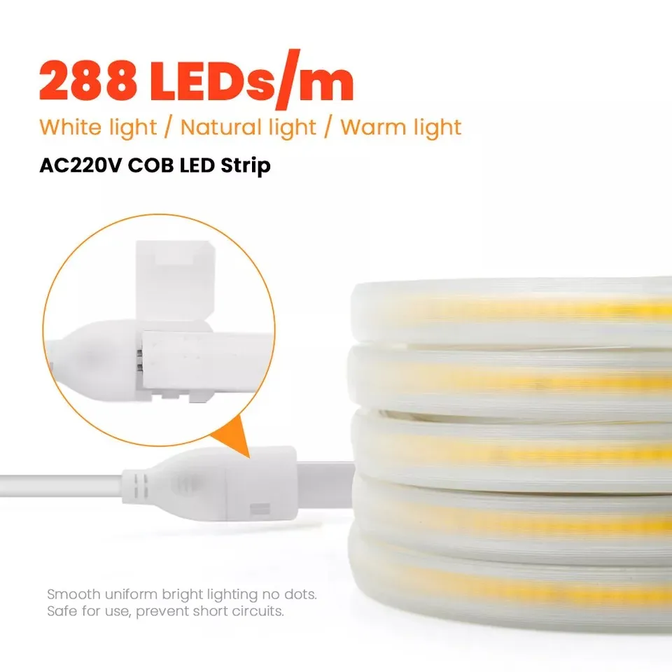 Fita de Luz COB LED de Alta Qualidade 220V Fita de Luz COB LED Flexível e Inteligente para Iluminação de Fundo de TV