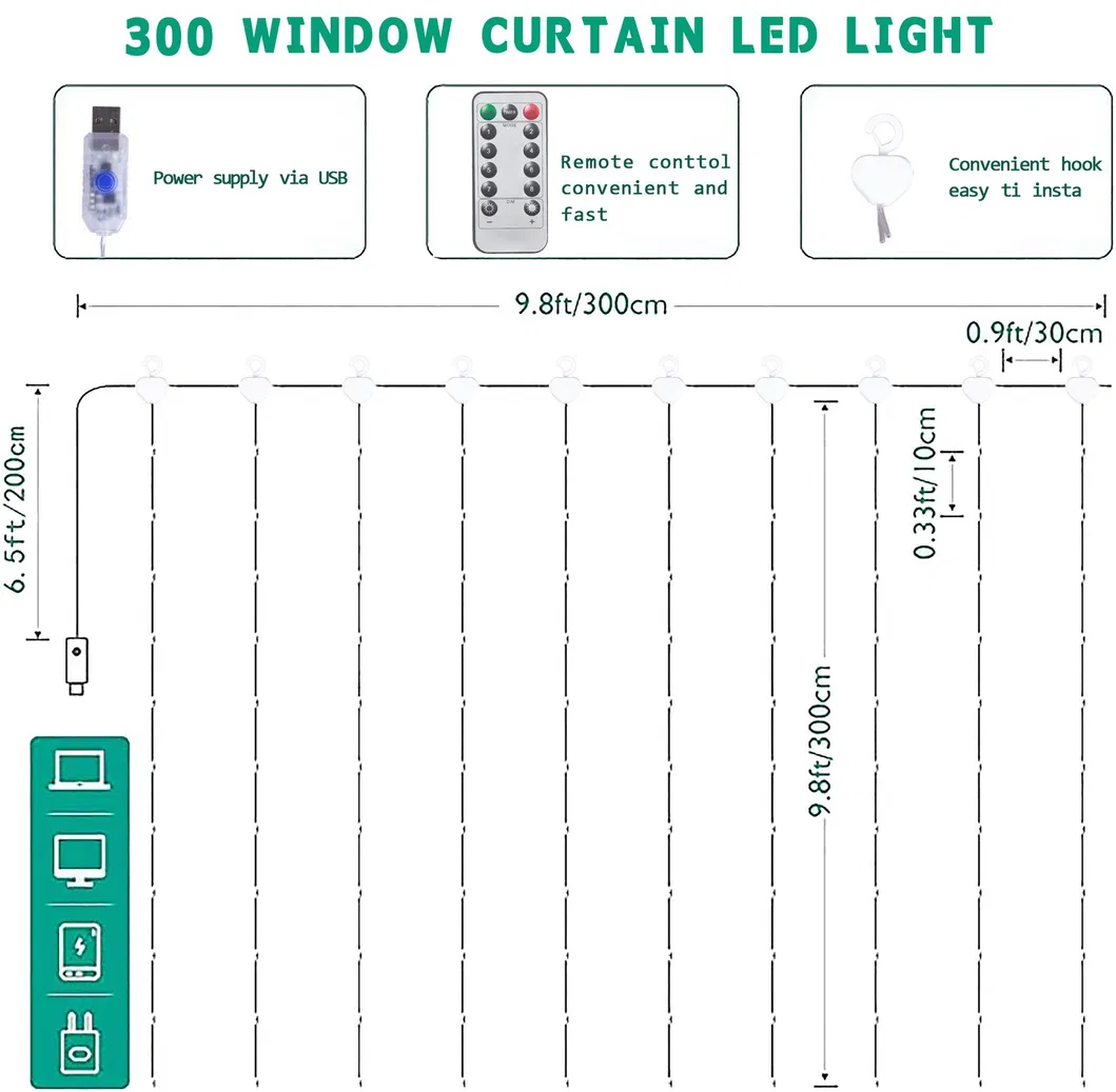 Cortina de Fios de Cobre com Fita de LED 3m X 3m, 300 LEDs