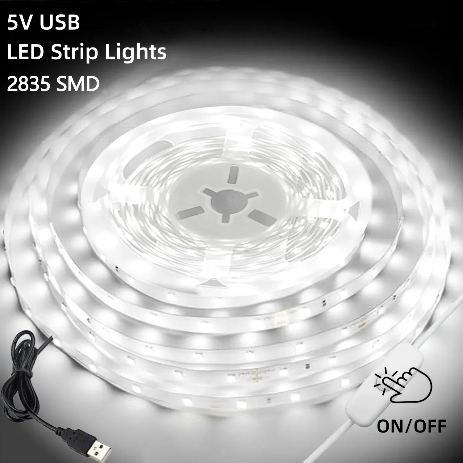 5V Fitas de LED USB 2835 Fita de Iluminação Flexível SMD Cortável com Interruptor para TV, Espelho, Armário, Decoração de Quarto