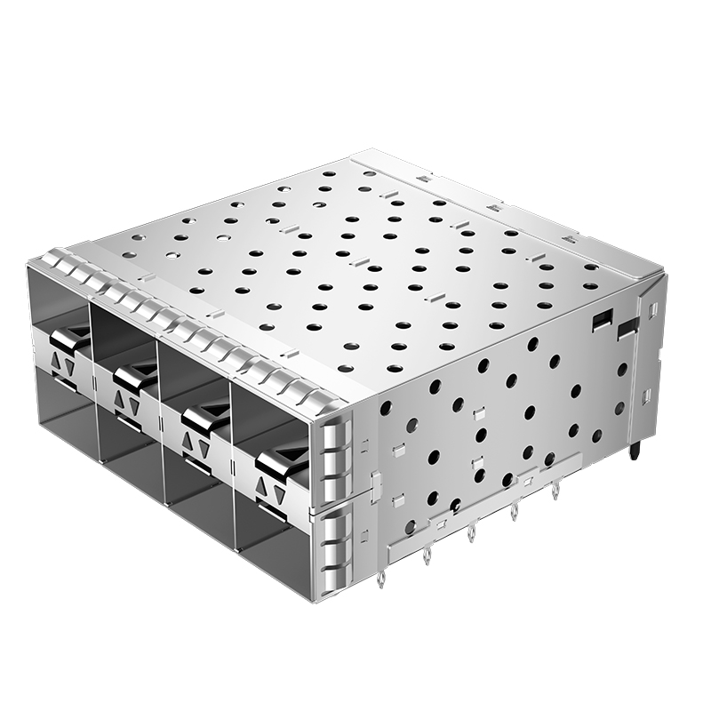 SFPP-3120-L Pulse Compatible 160P Stacked 2x4 Ports Press Fit SFP+ Cage With Light Pipe