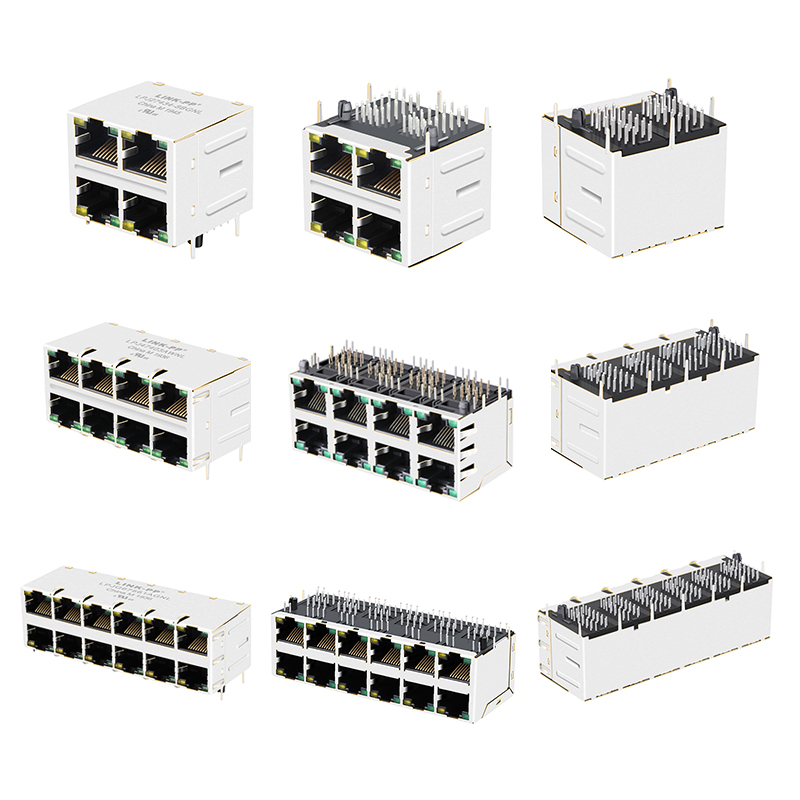 2x1 2x2 2x4 2x6 2x8 Port 100/1000/2.5G/5G/10G Base-T Cat5 Cat5e Cat6 Cat6a PCB Stacked Integrated Connector RJ45 Magnetic Jack