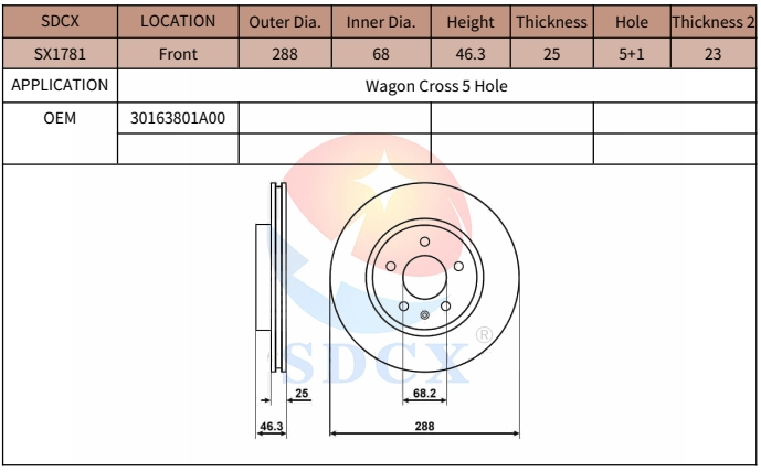 Braking System Discs Brake Rotors Sx1781 30163801A00 for Wagon Cross 5 Hole Front