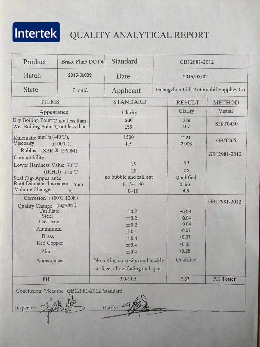 Machine Brake Oil Quality Report