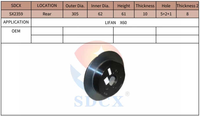 Sdcx Auto Parts Car Brake Discs Automotive Brake Rotor Sx2359 for Lifan X60 Rear